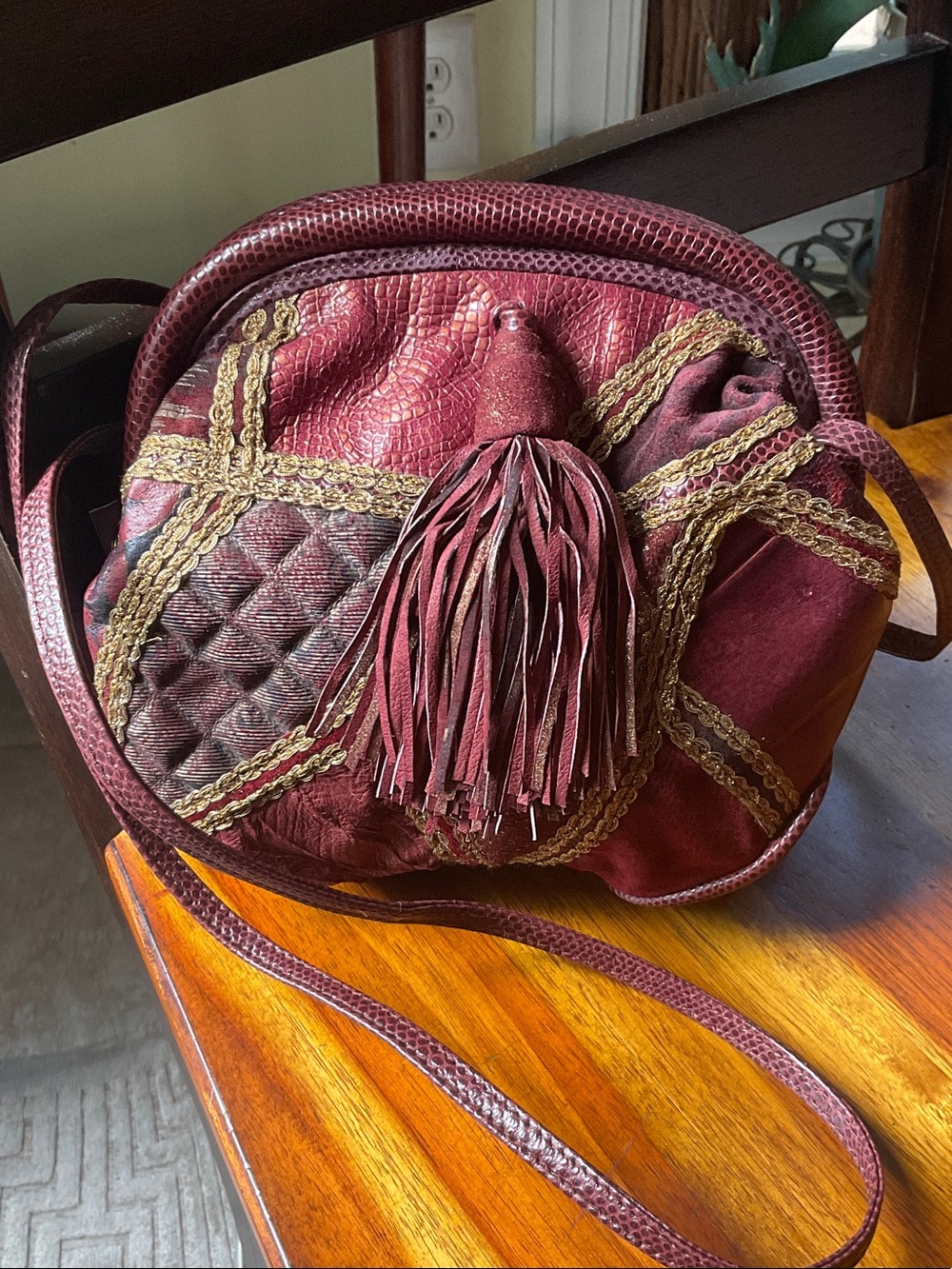 I.Magnin Vintage-Inspired Burgundy Tassel Crossbody Bag